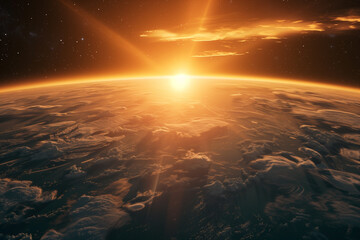 Wall Mural - view of planet Earth from space with sun setting over horizon, sunrise