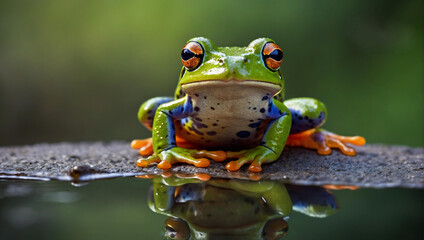 A vibrant green frog gracefully perches on a rugged rock, embodying the spirited leap of a true amphibian on this february day in the wild outdoors