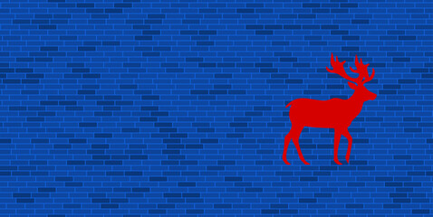 Wall Mural - Blue Brick Wall with large red deer symbol. The symbol is located on the right, on the left there is empty space for your content. Vector illustration on blue background