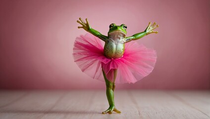 Wall Mural - In a leap year february day, a graceful frog dons a pink tutu and dances with whimsical elegance
