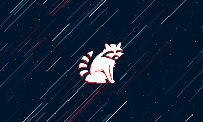 Wall Mural - Large white raccoon symbol framed in red in the center. The effect of flying through the stars. Vector illustration on a dark blue background with stars and slanted lines