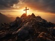 A cross stands erect on a rocky hill in the morning light.