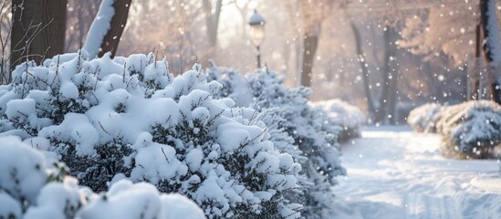 Sticker - Beautiful snow covered bush standing alone in a serene winter wonderland park