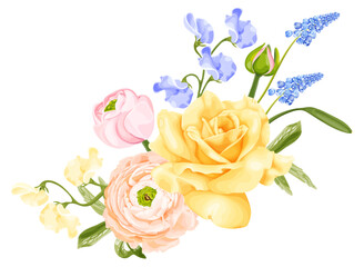 Wall Mural - Spring bouquet with yellow rose, pink ranunculus, blue hyacinth flower and sweet pea.