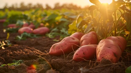 Wall Mural - Growing sweet potato harvest and producing vegetables cultivation. Concept of small eco green business organic farming gardening and healthy food