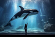 A little girl watches a Orca whale swimming in a huge aquarium. Free the Orca whale from captivity.