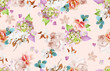 Floral fashionable botanical design pattern photo print with multicolored flowers on a light beige background
