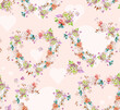 Floral fashionable botanical design pattern photo print with harts and multicolored flowers on a light beige background