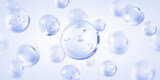 Fototapeta  - Molecule inside liquid bubble on blue background. Cosmetic moisturizer water molecule. Cosmetic Essence. Concept skin care cosmetics solution. 3D vector