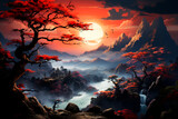 Fototapeta Natura - Sunrise at Asian landscape in red black colours for home decoration