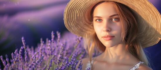 Sticker - Serene woman in stylish hat standing amidst lush lavender field under clear skies