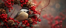 Beautiful Bird Perched On Decorative Wreath With Vibrant Red Berries In Winter