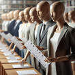 © Oleksiy - mannequins in line take pre-filled ballot papers against a blurred background of a polling station, one candidate's card is thrown into the ballot box