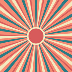 Wall Mural - Vintage striped backdrop with a sun. Bright groovy poster or placard. Retro sunburst background. 70s old fashioned colorful radiate lines banner. Graphic design wallpaper element. Vector illustration