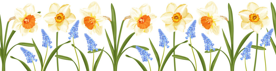 Wall Mural - Floral seamless border with spring flowers blue hyacinth and daffodils.