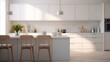 © Faheem - Beautiful kitchen in a new house with wooden floors and accents, white counters, cabinets and back tiles. Modern new bright kitchen interior with white furniture and bar. Film noise