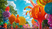 Giant Bubblegum Balloon Parade: Surreal Parade. Parade Floats Made Of Giant Bubblegum Balloons. Colorful And Sticky Spectacle. Surreal Parade Of Bubblegum Balloons