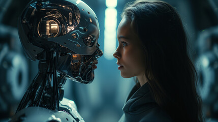 A young woman gazes intently at an advanced humanoid robot, highlighting a moment of human-AI interaction.