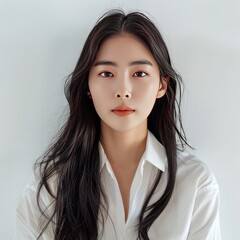 Canvas Print - formal id photo of a korean woman in her mid-20s in formal white shirt with black short hair, stylish and cute look with softly rounded face, big sized black eyes, vive of warm