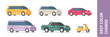 © vladwel - Car set icon vector graphic isolated illustration flat cartoon, suv, scooter, van, mini bus, pickup truck, sedan vehicle auto ride types red yellow blue green side front simple minimal 3d design image