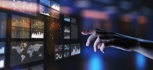 Wall Mural - virtual screen business intelligence dashboard, analytics and big data technology concept.