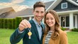 © Marko - Happy young couple holding their home keys looking at the camera at their house front yard
