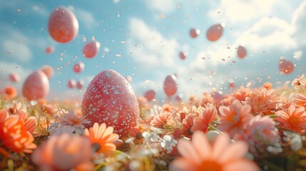 Wall Mural - Easter eggs falling from sky on a field with flowers, closeup view. Spring nature