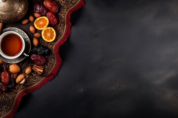 Wall Mural - up of tea with dried fruits on the table. Ramadan kareem decorations background. Top view, flat lay moslem islam iftar braking fast concept, copy space - generative ai
