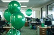 An office adorned with green balloons reflecting St Patricks corporate spirit. Concept Office Decor, Balloon Arrangement, St, Patrick's Day Theme, Corporate Spirit, Green Color Palette