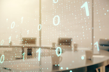 Abstract virtual binary code sketch on a modern boardroom background, hacking and matrix concept. Multiexposure