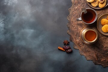 Wall Mural - up of tea with dried fruits on the table. Ramadan kareem decorations background. Top view, flat lay moslem islam iftar braking fast concept, copy space - generative ai