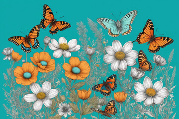 Wall Mural - Hand drawn blooming flowers and butterflies on turquoise background. Black and white wildflowers and insects. Generative Ai