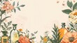 A background with illustrations of perfume bottles, flowers, and fragrance notes. with text space