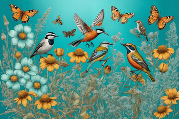 Wall Mural - Hand drawn color blooming flowers, butterflies, birds on turquoise background. Generative Ai