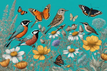 Wall Mural - Hand drawn color blooming flowers, butterflies, birds on turquoise background. Generative Ai