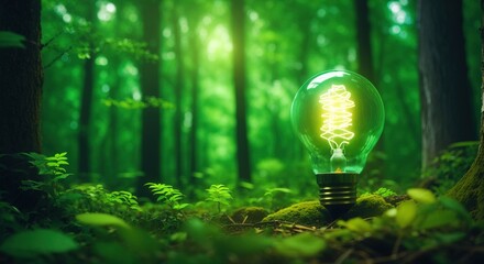 Wall Mural - Light bulb in green forest. Energy and idea concept