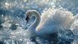 Sapphire crystals encased in ice on a frozen river with a majestic swan gliding over its feathers reflecting the deep blue hues