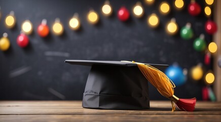 Wall Mural - Graduation hat in front of an empty blackboard decorated