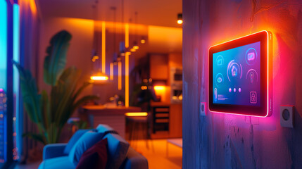 Electronic tablet with application interface for smart home remote control system, neon glow. Living room interior in the background.