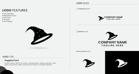 Magician hat logo design. Magic hat vector art. Creative. Business. Star. Finance. Gentleman. Hat art. Premium logo template. Shine. Wizard. Vintage.