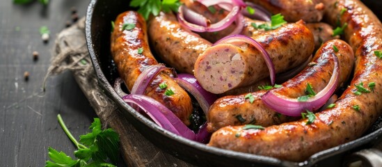 Wall Mural - Delicious pan of sizzling sausages with caramelized onions, perfect for a hearty meal