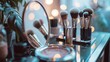 Cosmetic brushes with makeup mirror on table, Table with decorative cosmetics and mirror in modern makeup room, round mirror, circle mirror, dressing table