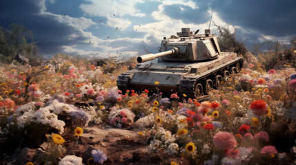 Military battle tanks attacking in the flower field