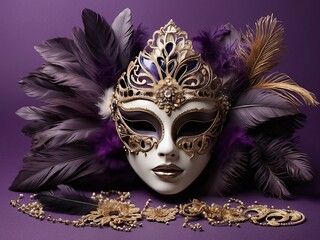 Wall Mural - carnival mask on black, Revel in grandeur of top view shot featuring lavish