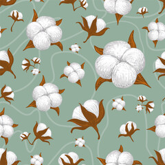 Wall Mural - Hand drawn delicate floral vector seamless pattern. Cotton plant bolls on grey teal background. Decorative floral vector illustration for printing on different surfaces