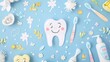 A paper crafted background with cute doodles of toothbrushes, toothpaste, and dental floss. The text space can be in the shape of a tooth