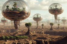 Concept Art Depicting An Advanced Civilizations Approach To Desert Cultivation With Floating Agricultural Pods And Energy Fields Stimulating Plant Growth In Barren Lands A Blend Of Sci Fi And