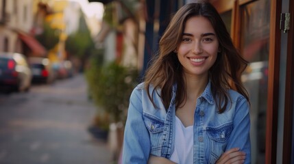 Canvas Print - young pretty woman looking like a happy, proud and satisfied achiever smiling with arms crossed