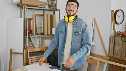 Wall Mural - Confident hispanic man with beard wearing safety glasses and headphones standing in a well-organized carpentry workshop.