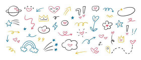 Aufkleber - Colorful set of doodle vector elements. Hand drawn collection simple elements with hearts isolated on white background.